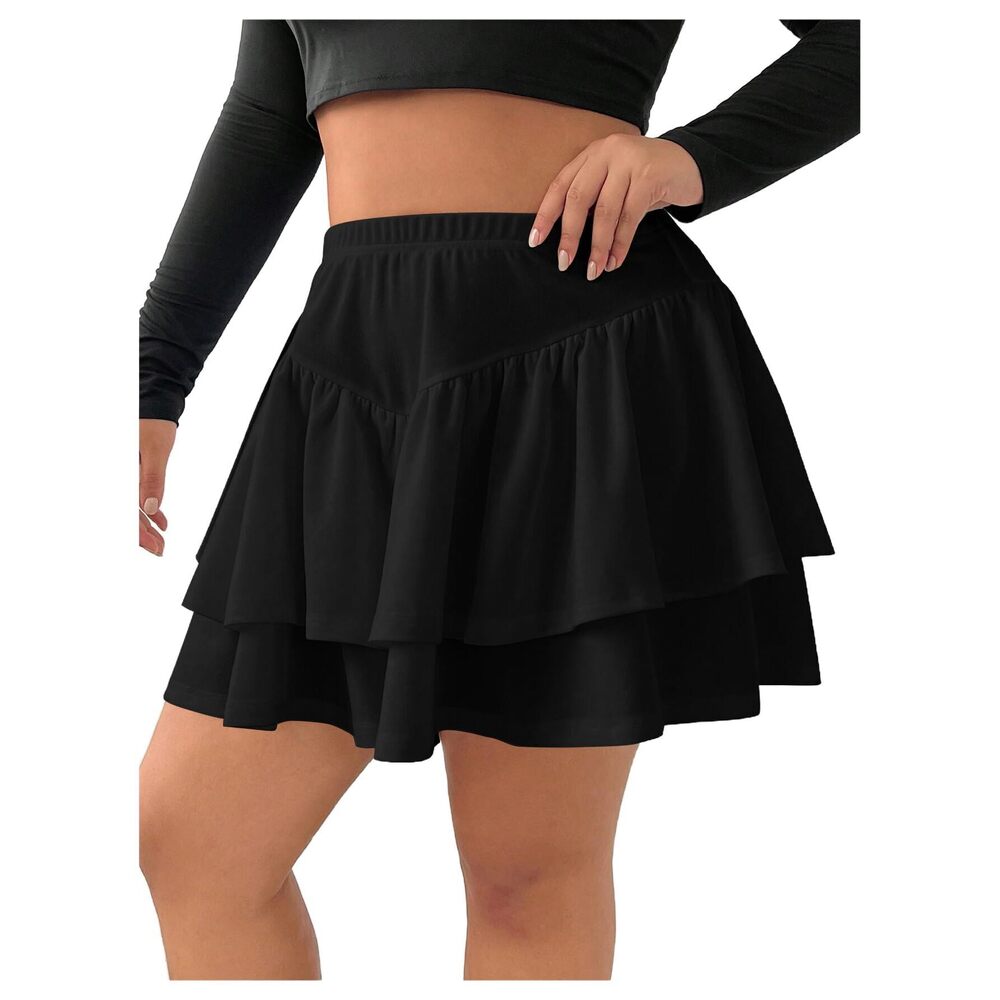 4168 Plus Size Mini Skirt High Waisted Ruffle Tiered Loose Fit A Line Short